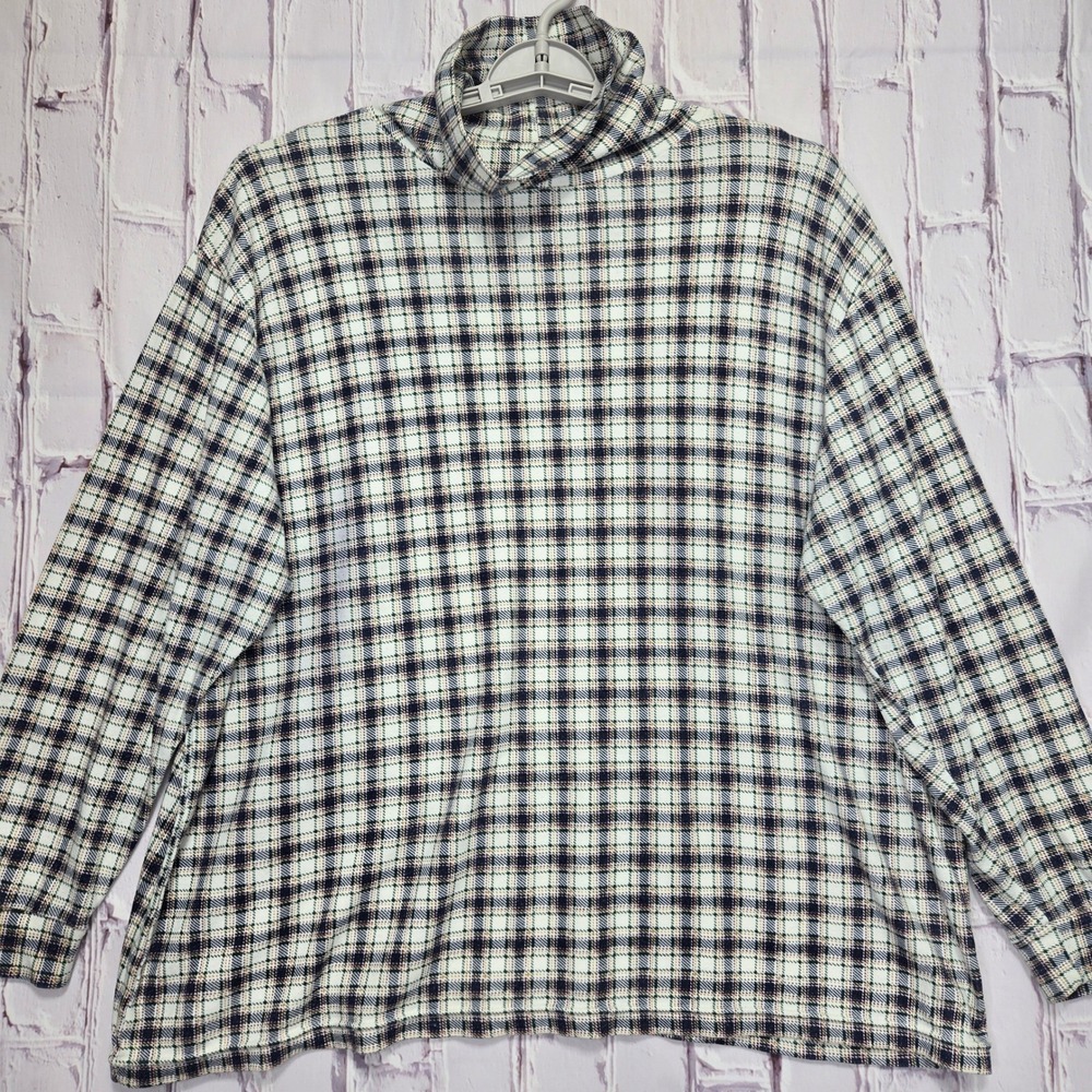 Vintage 80s 90s Womens Plaid Turtleneck Top Navy Green Orange Plus Size 22W Knit